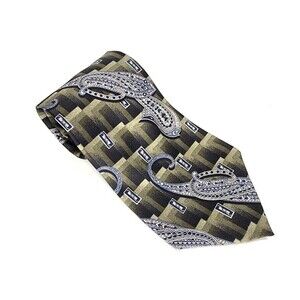 100% Silk Necktie Barrington - Army Green with Geometric and Blue Pasley Print